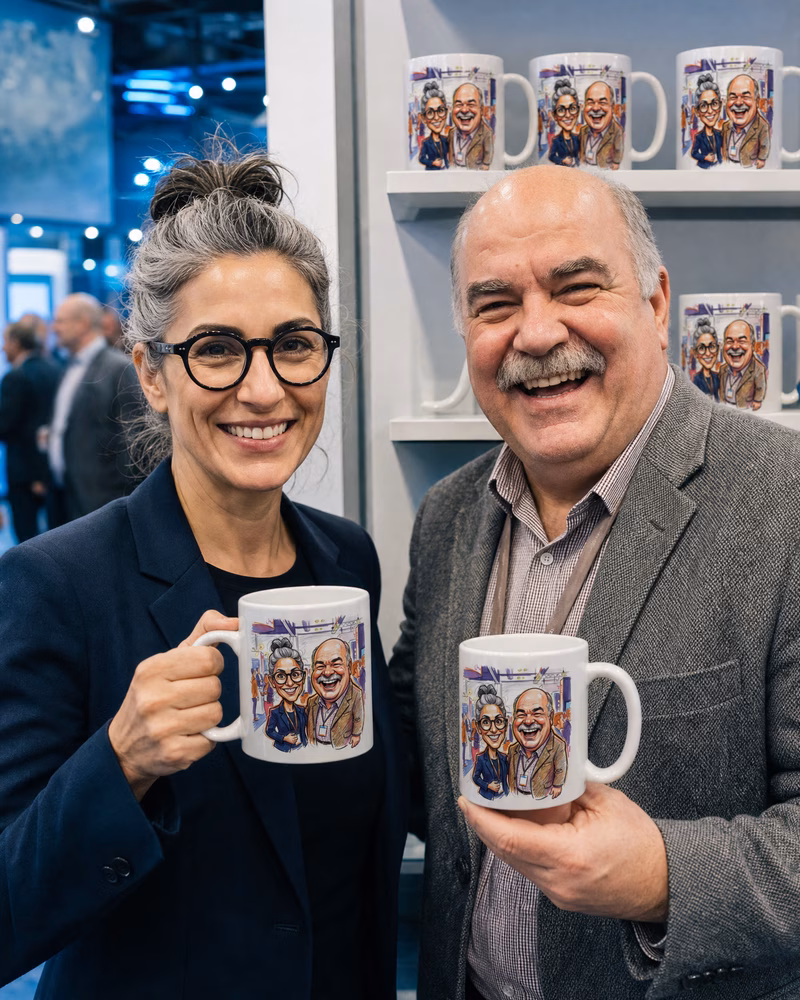 Mug printed with a caricature at a conference