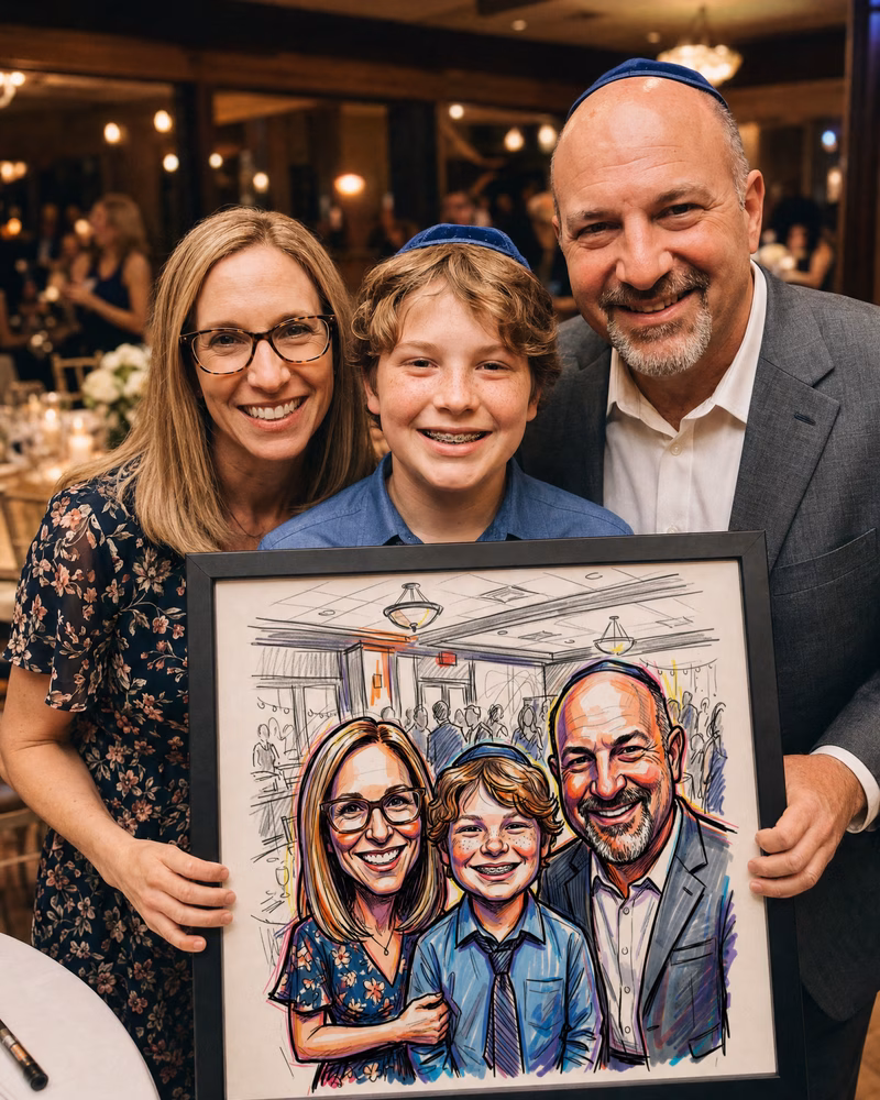 Guests signing a caricature poster