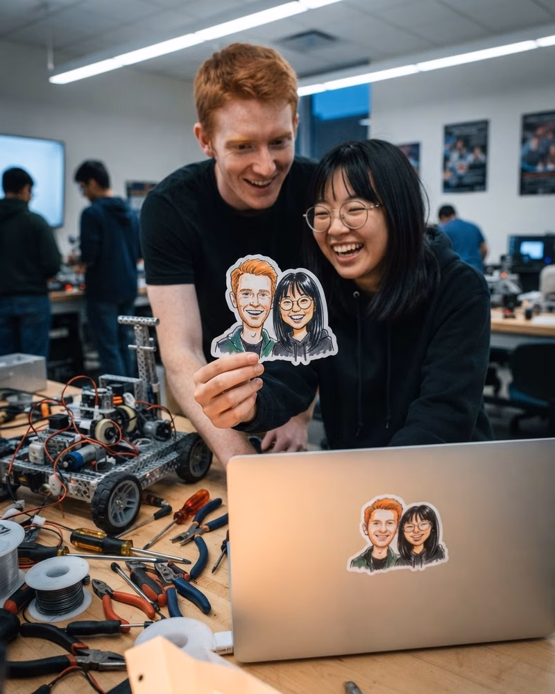 Students holding a caricature sticker next to a stickered laptop