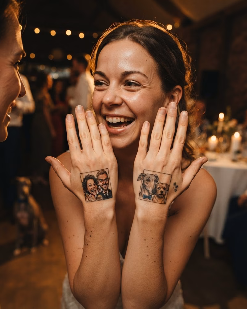 Guest showing caricature temporary tattoos on both hands