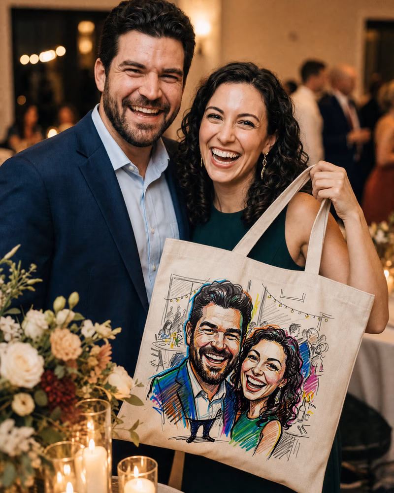 Couple holding a tote bag printed with their caricature